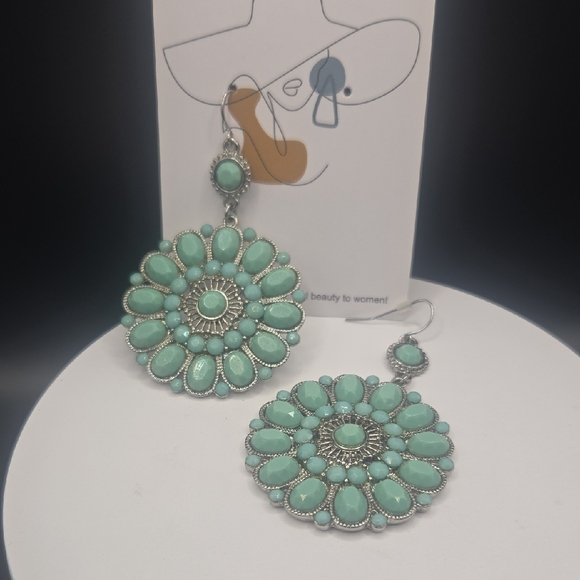 Elegant Silver and Turquoise Floral Earrings - Picture 2 of 5